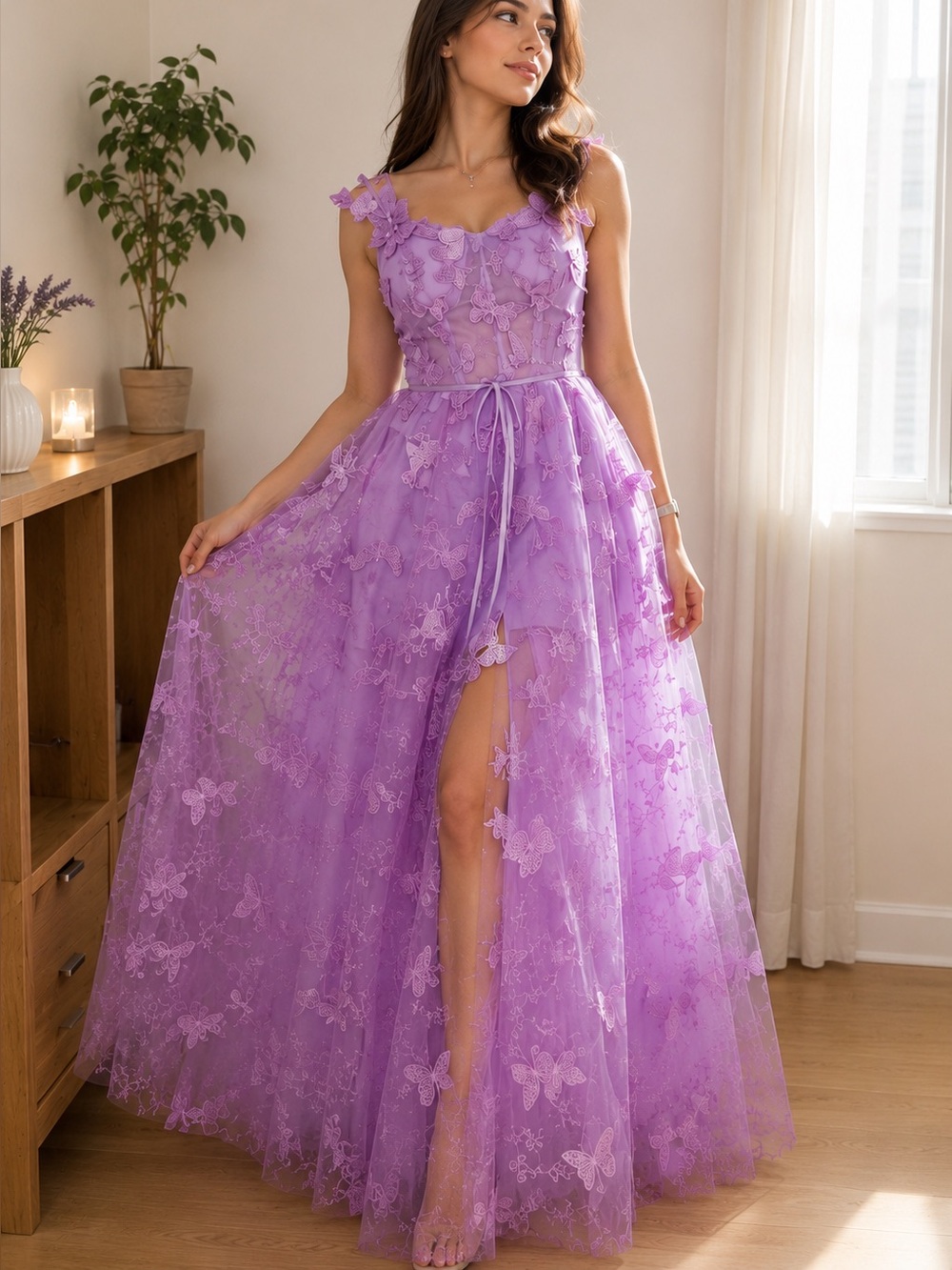 Lace Appliqué Maxi Dress in Lavender
